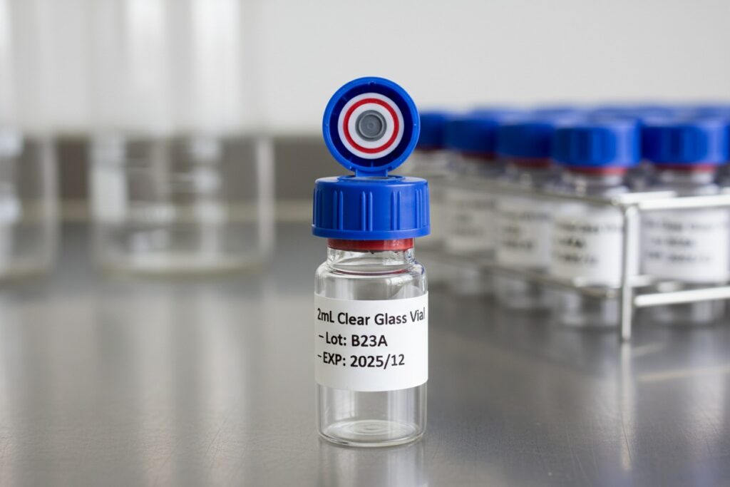 A clear glass laboratory vial with a blue cap and a label reading 2mL Clear Glass Vial stands upright on a stainless steel surface, with other vials blurred in the background.