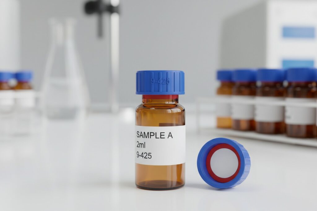 A small amber glass sample vial labeled "Sample A, 2ml, 9-425" with a blue cap stands on a white laboratory counter, with its matching cap resting beside it.